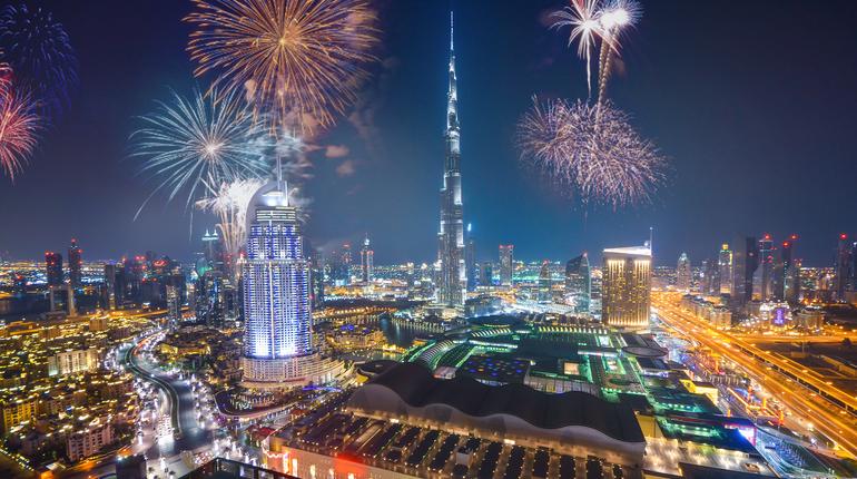 Fireworks display at town square of Dubai downtown, Dubai night celebrating view