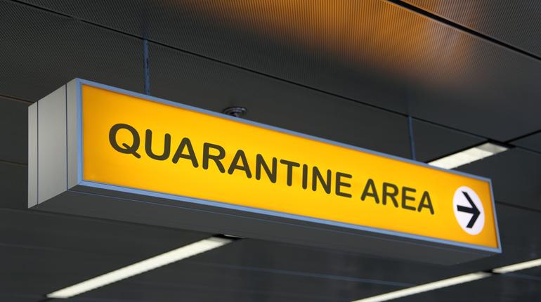 Airport sign with quarantine area written. Quarantine for travelers after covid pandemic, Travel ban restrictions