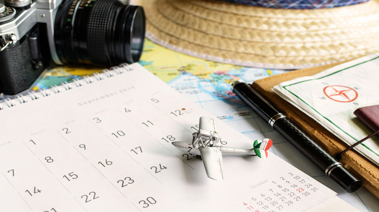 diary and calendar with passport, Travel planning