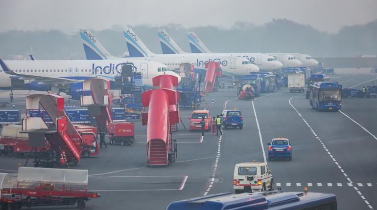 Udaipur, India - March 04 2017: Parked airplanes at the airport of the city of Udaipur, a city in the Indian state of Rajasthan