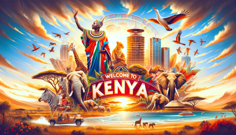 DALL·E 2023-12-14 12.52.15 - A captivating and welcoming image for the article titled 'Welcome to Kenya'. The scene is a vibrant collage of Kenyan landmarks and cultural symbols. (1)